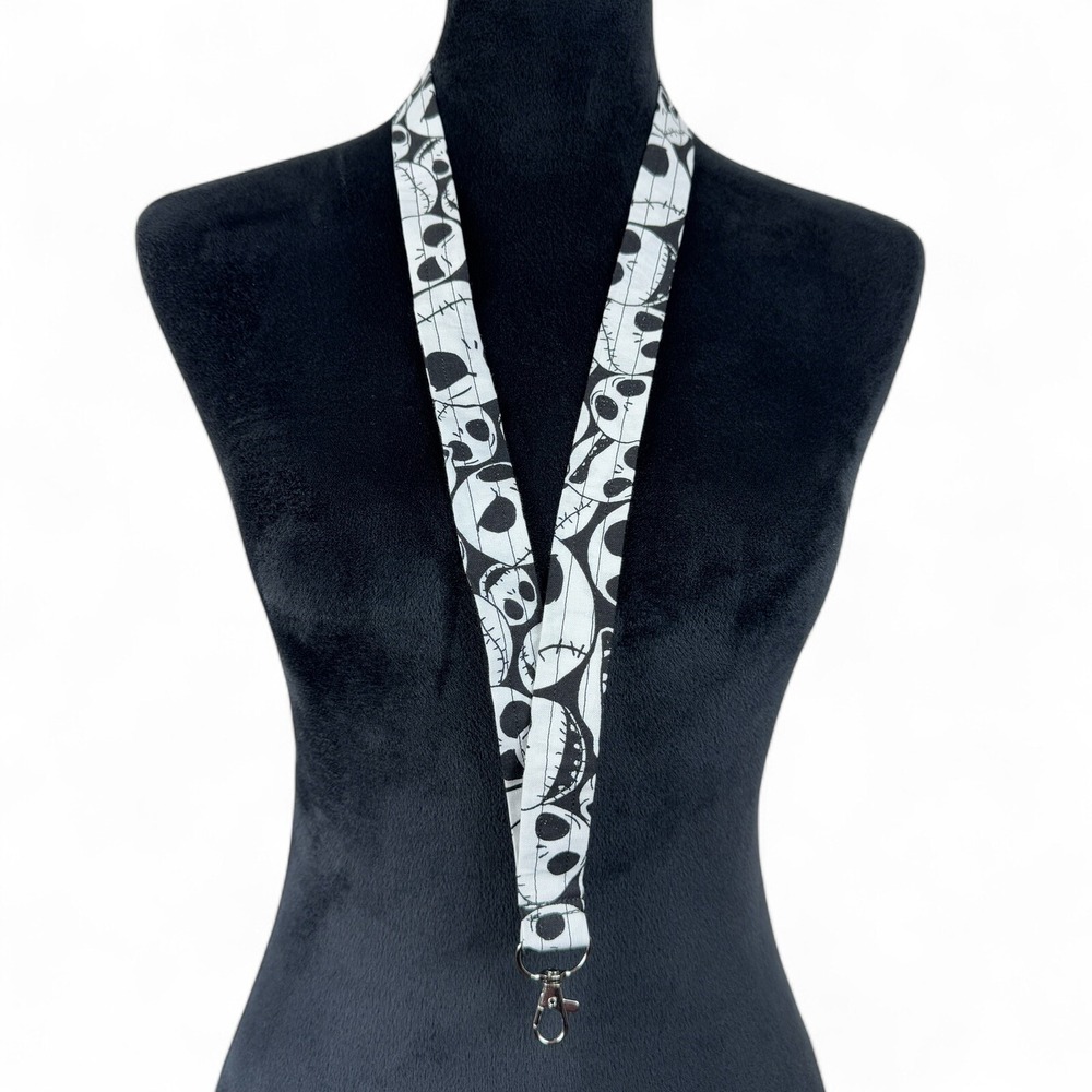 Handmade Jack Skellington Fabric Lanyard Key ID Badge Holder Black White Skull